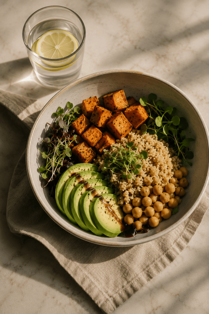 Minimal healthy food bowl with fresh ingredients in natural light