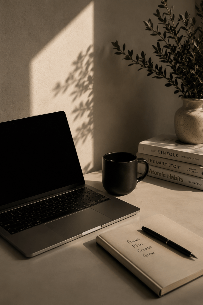 Minimal workspace with laptop, notebook, coffee, and soft natural lighting