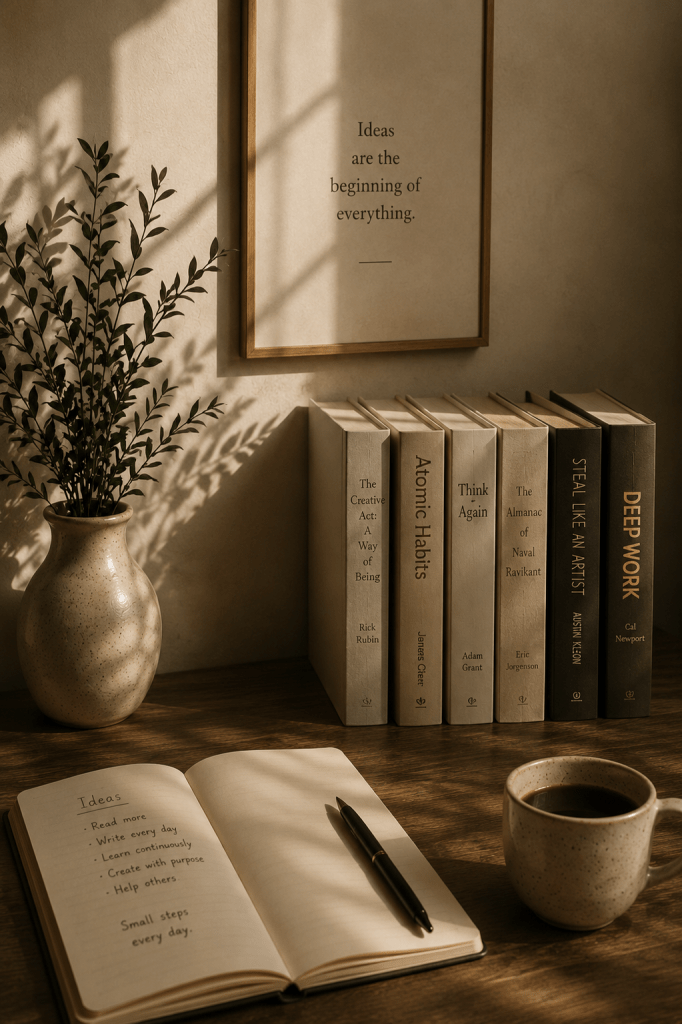 Minimal bookshelf with books, journal, coffee, and soft sunlight