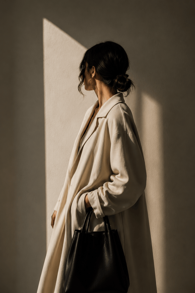 Minimal fashion editorial portrait with neutral tones and soft sunlight